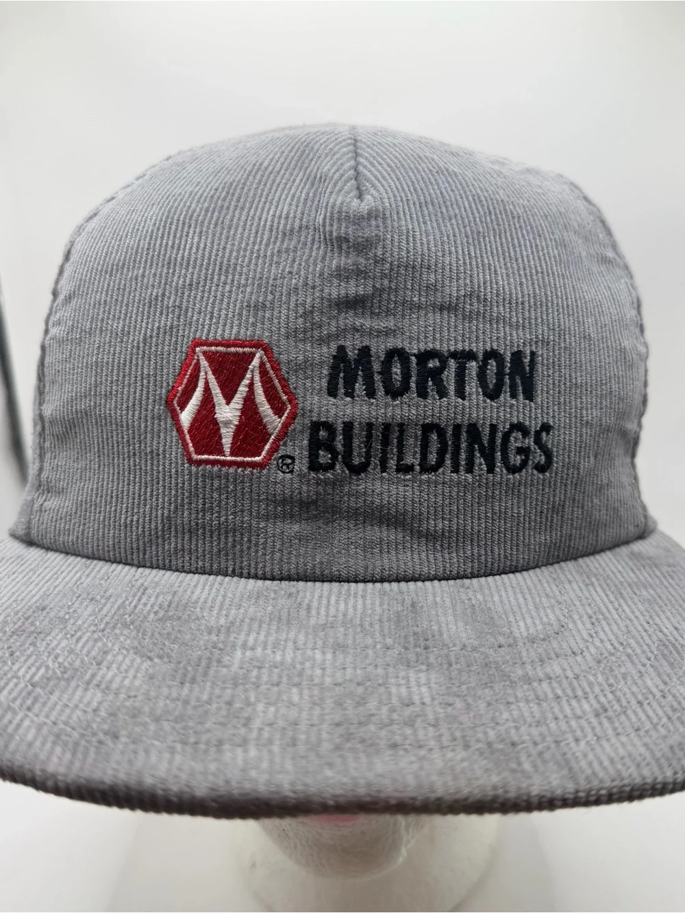 Vintage Morton Buildings Gray Corduroy USA Made Size-A-just SnapBack Cap